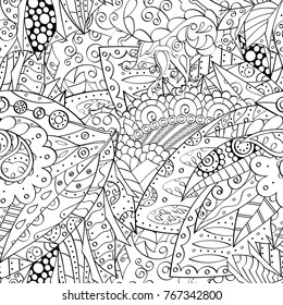 Tracery seamless pattern. Mehndi design. Ethnic monochrome binary doodle texture. Curved doodling black and white background. Vector