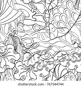Tracery seamless pattern. Mehndi design. Ethnic monochrome binary doodle texture. Curved doodling black and white background. Vector