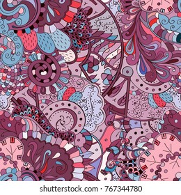Tracery seamless pattern. Mehndi design. Ethnic colorful doodle texture. Curved doodling background. Vector