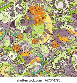 Tracery seamless pattern. Mehndi design. Ethnic colorful doodle texture. Curved doodling background. Vector