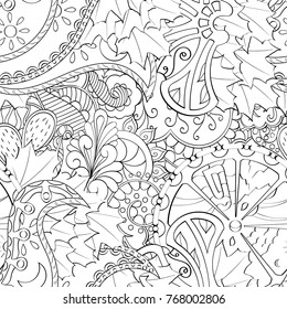 Tracery seamless pattern. Mehndi design. Ethnic monochrome binary doodle texture. Curved doodling black and white background. Vector