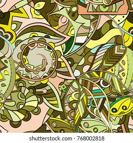 Tracery seamless pattern. Mehndi design. Ethnic colorful doodle texture. Curved doodling background. Vector