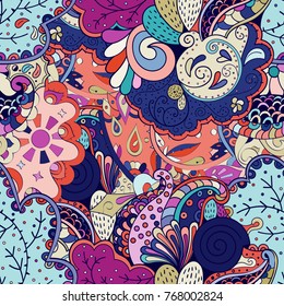 Tracery seamless pattern. Mehndi design. Ethnic colorful doodle texture. Curved doodling background. Vector