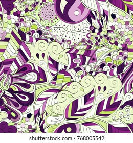 Tracery seamless pattern. Mehndi design. Ethnic colorful doodle texture. Curved doodling background. Vector