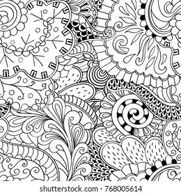 Tracery seamless pattern. Mehndi design. Ethnic monochrome binary doodle texture. Curved doodling black and white background. Vector
