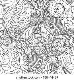 Tracery seamless pattern. Mehndi design. Ethnic monochrome binary doodle texture. Curved doodling black and white background. Vector
