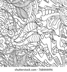 Tracery seamless pattern. Mehndi design. Ethnic monochrome binary doodle texture. Curved doodling black and white background. Vector