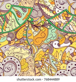 Tracery seamless pattern. Mehndi design. Ethnic colorful doodle texture. Curved doodling background. Vector