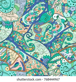 Tracery seamless pattern. Mehndi design. Ethnic colorful doodle texture. Curved doodling background. Vector