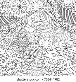 Tracery seamless pattern. Mehndi design. Ethnic monochrome binary doodle texture. Curved doodling black and white background. Vector