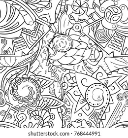 Tracery seamless pattern. Mehndi design. Ethnic monochrome binary doodle texture. Curved doodling black and white background. Vector