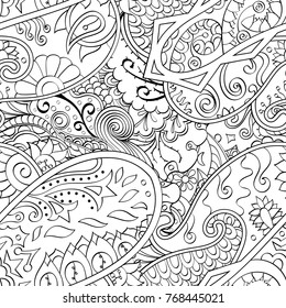 Tracery seamless pattern. Mehndi design. Ethnic monochrome binary doodle texture. Curved doodling black and white background. Vector