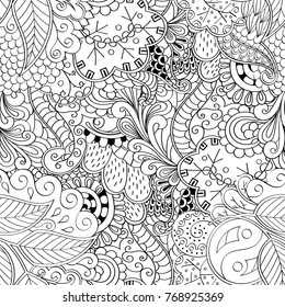 Tracery seamless pattern. Mehndi design. Ethnic monochrome binary doodle texture. Curved doodling black and white background. Vector