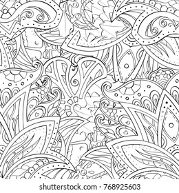 Tracery seamless pattern. Mehndi design. Ethnic monochrome binary doodle texture. Curved doodling black and white background. Vector