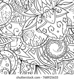 Tracery seamless pattern. Mehndi design. Ethnic monochrome binary doodle texture. Curved doodling black and white background. Vector