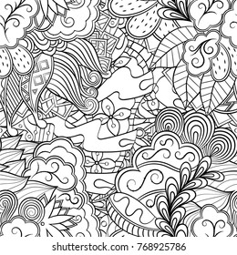 Tracery seamless pattern. Mehndi design. Ethnic monochrome binary doodle texture. Curved doodling black and white background. Vector