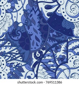 Tracery seamless pattern. Mehndi design. Ethnic colorful doodle texture. Curved doodling background. Vector