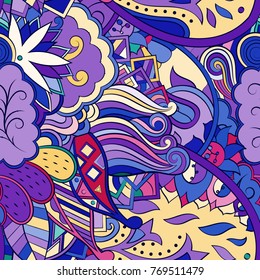 Tracery seamless pattern. Mehndi design. Ethnic colorful doodle texture. Curved doodling background. Vector