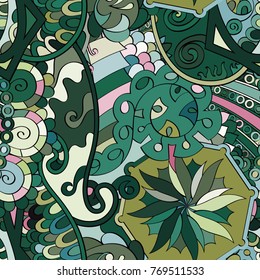 Tracery seamless pattern. Mehndi design. Ethnic colorful doodle texture. Curved doodling background. Vector
