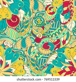 Tracery seamless pattern. Mehndi design. Ethnic colorful doodle texture. Curved doodling background. Vector