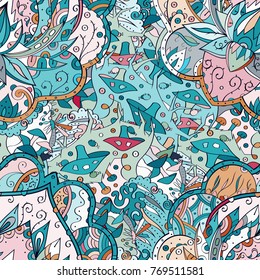 Tracery seamless pattern. Mehndi design. Ethnic colorful doodle texture. Curved doodling background. Vector