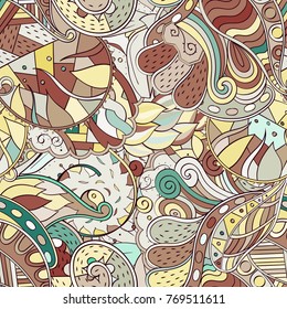 Tracery seamless pattern. Mehndi design. Ethnic colorful doodle texture. Curved doodling background. Vector