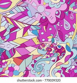 Tracery seamless pattern. Mehndi design. Ethnic colorful doodle texture. Curved doodling background. Vector