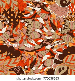 Tracery seamless pattern. Mehndi design. Ethnic colorful doodle texture. Curved doodling background. Vector