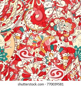 Tracery seamless pattern. Mehndi design. Ethnic colorful doodle texture. Curved doodling background. Vector