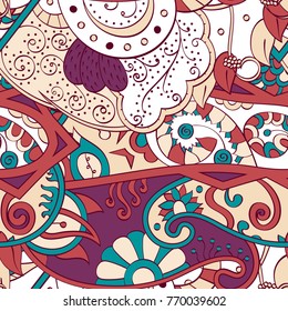 Tracery seamless pattern. Mehndi design. Ethnic colorful doodle texture. Curved doodling background. Vector