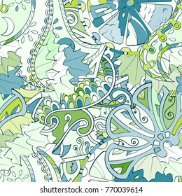 Tracery seamless pattern. Mehndi design. Ethnic colorful doodle texture. Curved doodling background. Vector