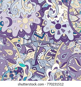 Tracery seamless pattern. Mehndi design. Ethnic colorful doodle texture. Curved doodling background. Vector