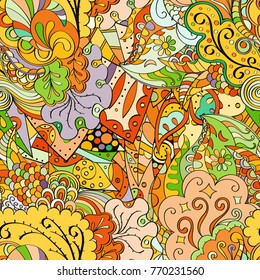 Tracery seamless pattern. Mehndi design. Ethnic colorful doodle texture. Curved doodling background. Vector