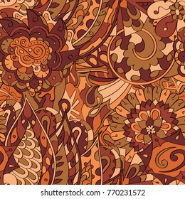 Tracery seamless pattern. Mehndi design. Ethnic colorful doodle texture. Curved doodling background. Vector