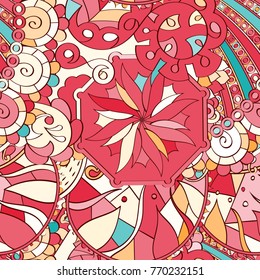 Tracery seamless pattern. Mehndi design. Ethnic colorful doodle texture. Curved doodling background. Vector