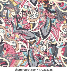 Tracery seamless pattern. Mehndi design. Ethnic colorful doodle texture. Curved doodling background. Vector