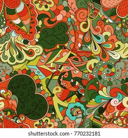 Tracery seamless pattern. Mehndi design. Ethnic colorful doodle texture. Curved doodling background. Vector