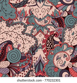 Tracery seamless pattern. Mehndi design. Ethnic colorful doodle texture. Curved doodling background. Vector