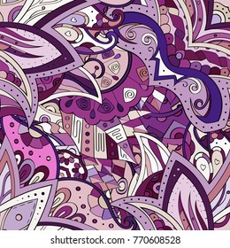 Tracery seamless pattern. Mehndi design. Ethnic colorful doodle texture. Curved doodling background. Vector