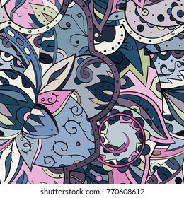 Tracery seamless pattern. Mehndi design. Ethnic colorful doodle texture. Curved doodling background. Vector