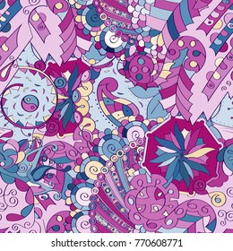 Tracery seamless pattern. Mehndi design. Ethnic colorful doodle texture. Curved doodling background. Vector