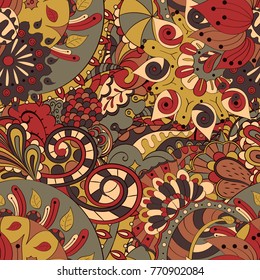 Tracery seamless pattern. Mehndi design. Ethnic colorful doodle texture. Curved doodling background. Vector
