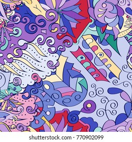 Tracery seamless pattern. Mehndi design. Ethnic colorful doodle texture. Curved doodling background. Vector