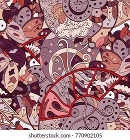 Tracery seamless pattern. Mehndi design. Ethnic colorful doodle texture. Curved doodling background. Vector