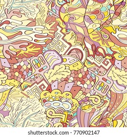 Tracery seamless pattern. Mehndi design. Ethnic colorful doodle texture. Curved doodling background. Vector