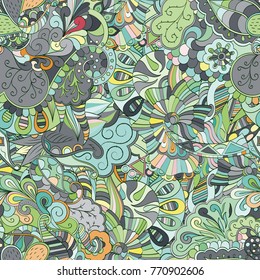 Tracery seamless pattern. Mehndi design. Ethnic colorful doodle texture. Curved doodling background. Vector