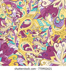 Tracery seamless pattern. Mehndi design. Ethnic colorful doodle texture. Curved doodling background. Vector