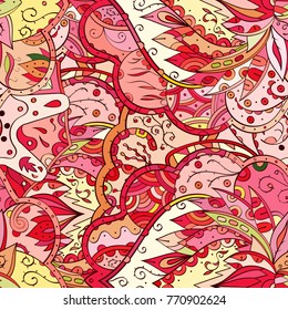 Tracery seamless pattern. Mehndi design. Ethnic colorful doodle texture. Curved doodling background. Vector