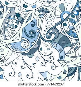 Tracery seamless pattern. Mehndi design. Ethnic colorful doodle texture. Curved doodling background. Vector