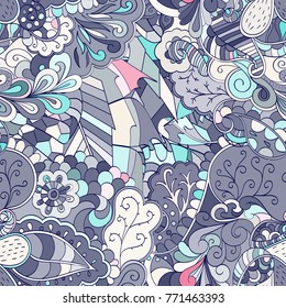 Tracery seamless pattern. Mehndi design. Ethnic colorful doodle texture. Curved doodling background. Vector
